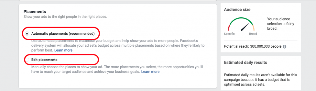 Select placement of your facebook ad where you want to show ad